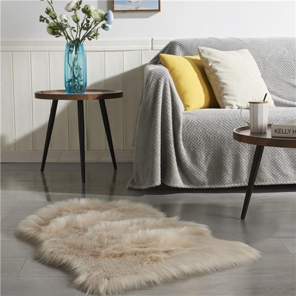 Faux Fur Sheepskin Rug Beige Home Area Rug for Bedroom, Fluffy Small Fur Rug - Picture 3 of 7